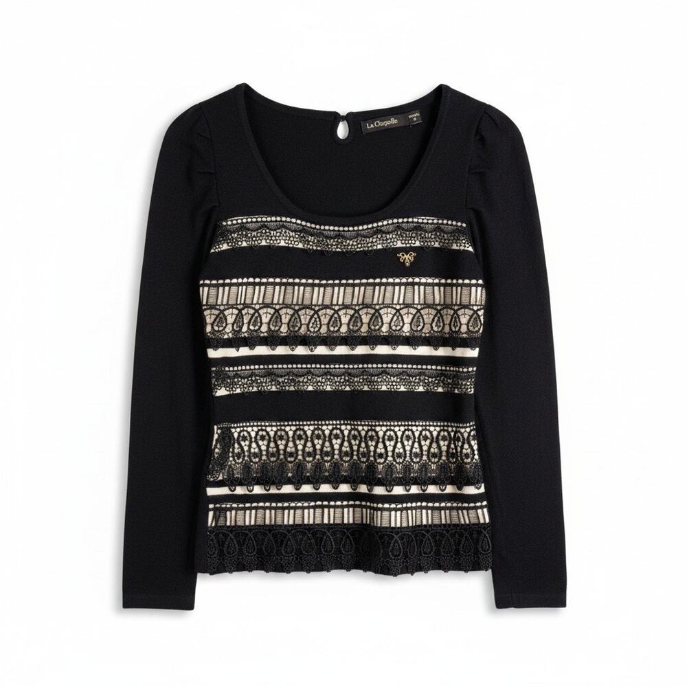 La Chapelle Womens Wool Blend Long Sleeve Lace Sweater Black XS Office Coquette